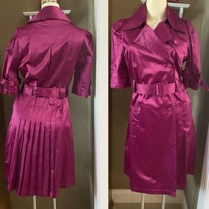 Vintage ELLE Satin Trench Coat Dress in Magenta Short Sleeves Belted Pockets XS